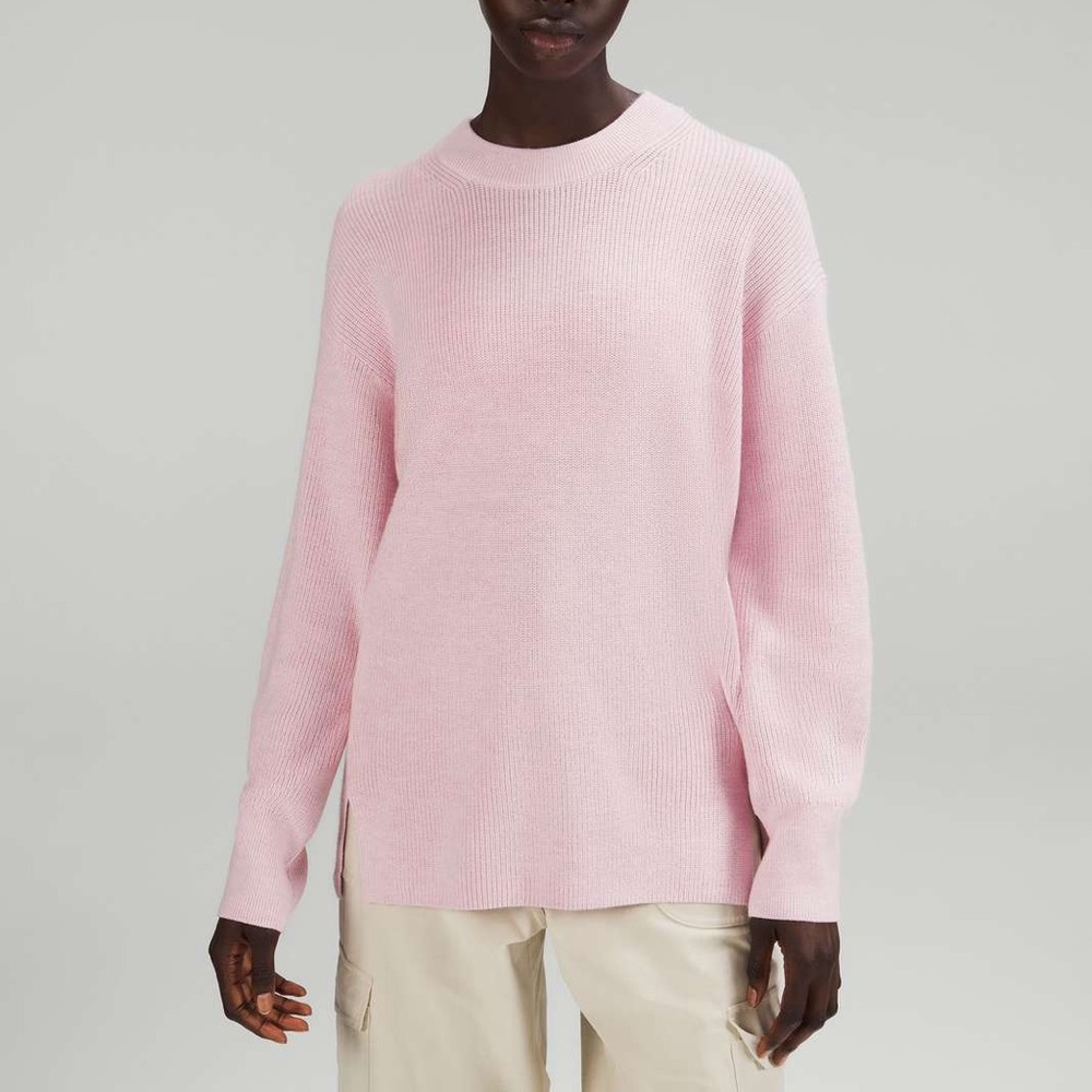 Lululemon Merino Wool-Blend Ribbed Crewneck Sweater in‎ Heathered Pink Peony